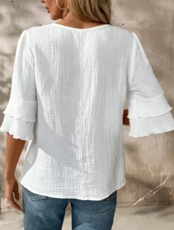 Blouse Women's Black White Pink Solid / Plain Color Flounced Shirred Daily Elegant V Neck Regular Fit S