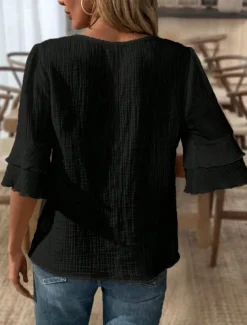 Blouse Women's Black White Pink Solid / Plain Color Flounced Shirred Daily Elegant V Neck Regular Fit S