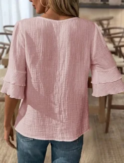 Blouse Women's Black White Pink Solid / Plain Color Flounced Shirred Daily Elegant V Neck Regular Fit S