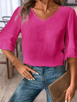 Blouse Women's Black White Pink Solid / Plain Color Flounced Shirred Daily Elegant V Neck Regular Fit S