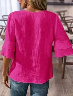 Blouse Women's Black White Pink Solid / Plain Color Flounced Shirred Daily Elegant V Neck Regular Fit S