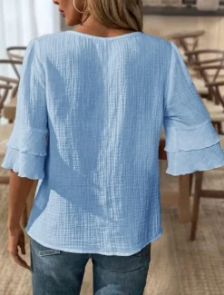 Blouse Women's Black White Pink Solid / Plain Color Flounced Shirred Daily Elegant V Neck Regular Fit S