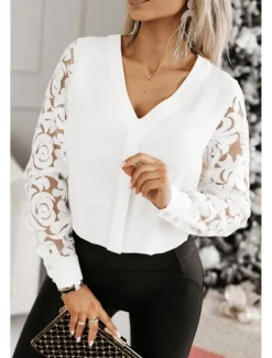 Blouse Women's Black White Solid / Plain Color Lace Daily Elegant V Neck Regular Fit S