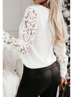 Blouse Women's Black White Solid / Plain Color Lace Daily Elegant V Neck Regular Fit S