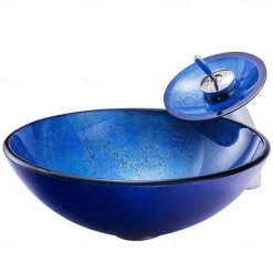 Blue Bathroom Sink Set with Matching Style Faucet Art Bathroom Tempered Glass Vessel Sink Round Wash Basin Bowl Above Counter Washbasin