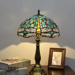 Blue Green Stained Glass Vintage Table Lamp 12X12X18 Inches Dragonfly Style Bedside Nightstand Desk Lamp for Living Room Bedroom with 2 LED Bulbs