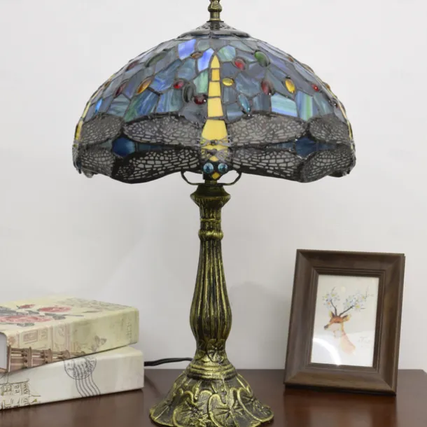 Blue Green Stained Glass Vintage Table Lamp 12X12X18 Inches Dragonfly Style Bedside Nightstand Desk Lamp for Living Room Bedroom with 2 LED Bulbs