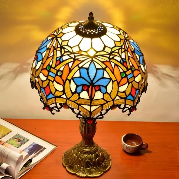 Blue Green Stained Glass Vintage Table Lamp 12X12X18 Inches Dragonfly Style Bedside Nightstand Desk Lamp for Living Room Bedroom with 2 LED Bulbs