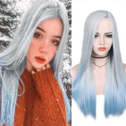 Blue Wigs for Women Synthetic Wig Natural Straight Middle Part Wig Medium Length A15 A16 A17 A18 A19 Synthetic Hair Cosplay Party Fashion Blue White Halloween Wigs