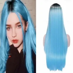 Blue Wigs for Women Synthetic Wig Natural Straight Middle Part Wig Medium Length A15 A16 A17 A18 A19 Synthetic Hair Cosplay Party Fashion Blue White Halloween Wigs