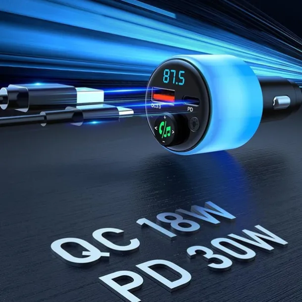 Bluetooth 5.3 FM Transmitter for Car PD 30W+QC 3.0 Dual-Port Fast Car Charger Wireless FM Radio Bluetooth Car Adapter with Hands-Free Calling