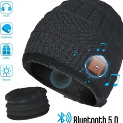 Bluetooth Beanie with Scarf Bluetooth Rechargeable Knit Cap with Wireless Hands Free Head Hat Christmas Gift for Men and Women