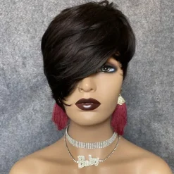 Bob Wig Human Hair Short Pixie Cut Wigs for Black Women Human Hair Wig with Bangs Glueless Layered Wig None Lace Front Wig Full Machine Made Wig 1B Color