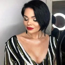 Bob Wig Human Hair Short Pixie Cut Wigs for Black Women Human Hair Wig with Bangs Glueless Layered Wig None Lace Front Wig Full Machine Made Wig 1B Color