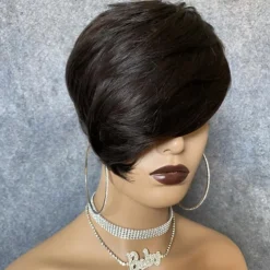 Bob Wig Human Hair Short Pixie Cut Wigs for Black Women Human Hair Wig with Bangs Glueless Layered Wig None Lace Front Wig Full Machine Made Wig 1B Color