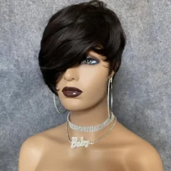 Bob Wig Human Hair Short Pixie Cut Wigs for Black Women Human Hair Wig with Bangs Glueless Layered Wig None Lace Front Wig Full Machine Made Wig 1B Color