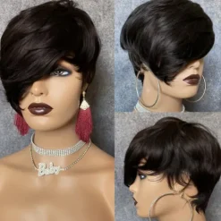 Bob Wig Human Hair Short Pixie Cut Wigs for Black Women Human Hair Wig with Bangs Glueless Layered Wig None Lace Front Wig Full Machine Made Wig 1B Color