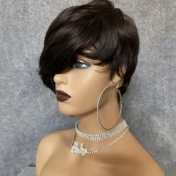 Bob Wig Human Hair Short Pixie Cut Wigs for Black Women Human Hair Wig with Bangs Glueless Layered Wig None Lace Front Wig Full Machine Made Wig 1B Color
