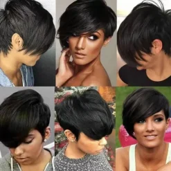 Bob Wig Human Hair Short Pixie Cut Wigs for Black Women Human Hair Wig with Bangs Glueless Layered Wig None Lace Front Wig Full Machine Made Wig 1B Color