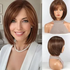 Bob Wigs for Women Synthetic Wig with Fringe Brown Color