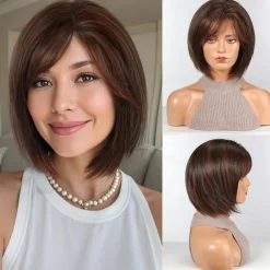 Bob Wigs for Women Synthetic Wig with Fringe Brown Color