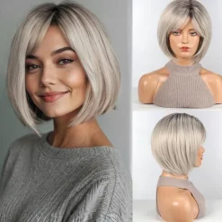Bob Wigs for Women Synthetic Wig with Fringe Brown Color