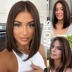 Bob Wigs for Women,Brown Mid Length Wig with Highlights,Short Straight Bob Wig, Brown Middle Part Synthetic Wig