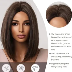 Bob Wigs for Women,Brown Mid Length Wig with Highlights,Short Straight Bob Wig, Brown Middle Part Synthetic Wig