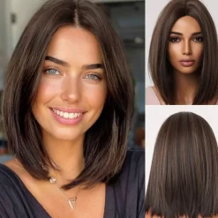 Bob Wigs for Women,Brown Mid Length Wig with Highlights,Short Straight Bob Wig, Brown Middle Part Synthetic Wig