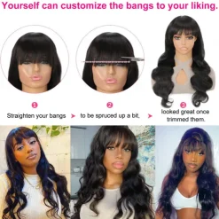 Body Wave Wigs with Bangs Human Hair Wig for Black Women Natural Color 150% Density Brazilian Virgin Hair None Lace Wigs Machine Made Wig