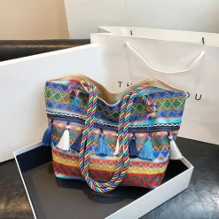 Bohemian Embroidered Canvas Tote Bag – Colorful Tassel Shoulder Handbag for Women, Casual Beach Travel Bag