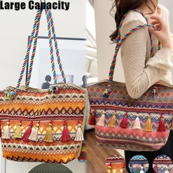 Bohemian Embroidered Canvas Tote Bag – Colorful Tassel Shoulder Handbag for Women, Casual Beach Travel Bag