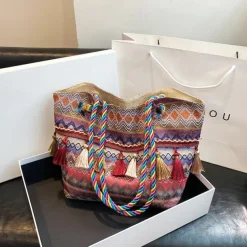 Bohemian Embroidered Canvas Tote Bag – Colorful Tassel Shoulder Handbag for Women, Casual Beach Travel Bag