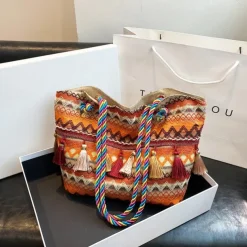 Bohemian Embroidered Canvas Tote Bag – Colorful Tassel Shoulder Handbag for Women, Casual Beach Travel Bag
