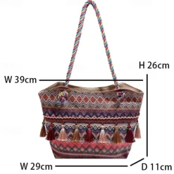 Bohemian Embroidered Canvas Tote Bag – Colorful Tassel Shoulder Handbag for Women, Casual Beach Travel Bag