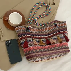 Bohemian Embroidered Canvas Tote Bag – Colorful Tassel Shoulder Handbag for Women, Casual Beach Travel Bag