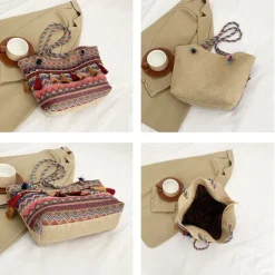 Bohemian Embroidered Canvas Tote Bag – Colorful Tassel Shoulder Handbag for Women, Casual Beach Travel Bag