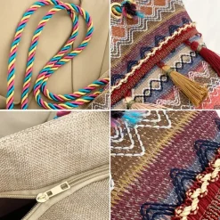 Bohemian Embroidered Canvas Tote Bag – Colorful Tassel Shoulder Handbag for Women, Casual Beach Travel Bag