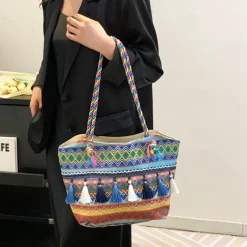 Bohemian Embroidered Canvas Tote Bag – Colorful Tassel Shoulder Handbag for Women, Casual Beach Travel Bag