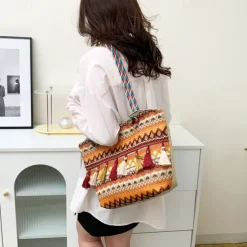 Bohemian Embroidered Canvas Tote Bag – Colorful Tassel Shoulder Handbag for Women, Casual Beach Travel Bag