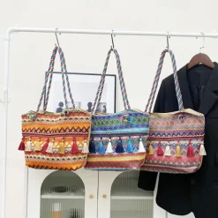 Bohemian Embroidered Canvas Tote Bag – Colorful Tassel Shoulder Handbag for Women, Casual Beach Travel Bag