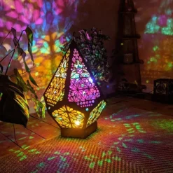Bohemian Geometric Hollow Floor Lamp, USB Charging Retro LED Lamp with Colorful 3D Projection for Home Decor, Weddings and Parties