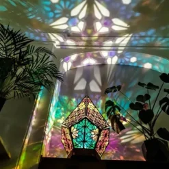 Bohemian Geometric Hollow Floor Lamp, USB Charging Retro LED Lamp with Colorful 3D Projection for Home Decor, Weddings and Parties