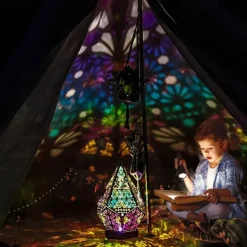 Bohemian Geometric Hollow Floor Lamp, USB Charging Retro LED Lamp with Colorful 3D Projection for Home Decor, Weddings and Parties