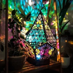 Bohemian Geometric Hollow Floor Lamp, USB Charging Retro LED Lamp with Colorful 3D Projection for Home Decor, Weddings and Parties