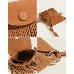 Boho Chic Suede Fringe Crossbody Bag - Stylish Tan Shoulder Purse Perfect for Casual Outings