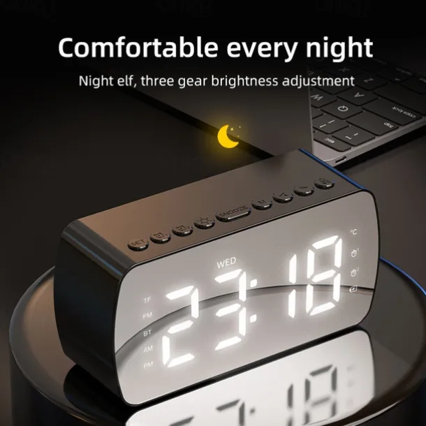 border Creative Digital Electronic Clock LED Mirror Double Alarm Wireless Speaker Music Alarm Clock