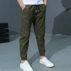 Boy Linen Pants Trousers Pocket Solid Color Breathable Comfort Pants Outdoor Cool Daily Basic Army Green Navy Blue Khaki Mid Waist