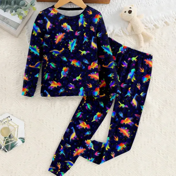 Boys 3D Dinosaur Pajama Sets Long Sleeve 3D Print Fall Winter Active Cool Daily Kids 3-12 Years Crew Neck Home Causal Indoor Regular Fit