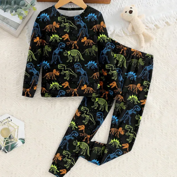 Boys 3D Dinosaur Pajama Sets Long Sleeve 3D Print Fall Winter Active Cool Daily Kids 3-12 Years Crew Neck Home Causal Indoor Regular Fit